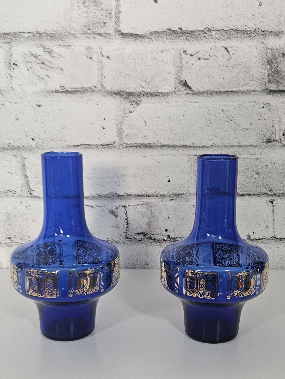 Vintage Cobalt Blue Glass Vase Pair Gold Floral Mid Century Decor